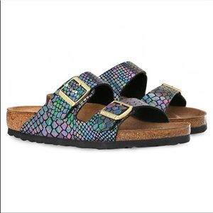 Birkenstock iridescent metallic mermaid scale pattern Arizona sandals